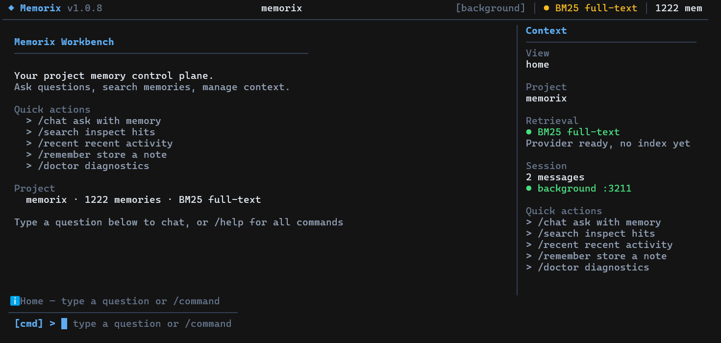 Memorix Workbench showing project memory and context controls
